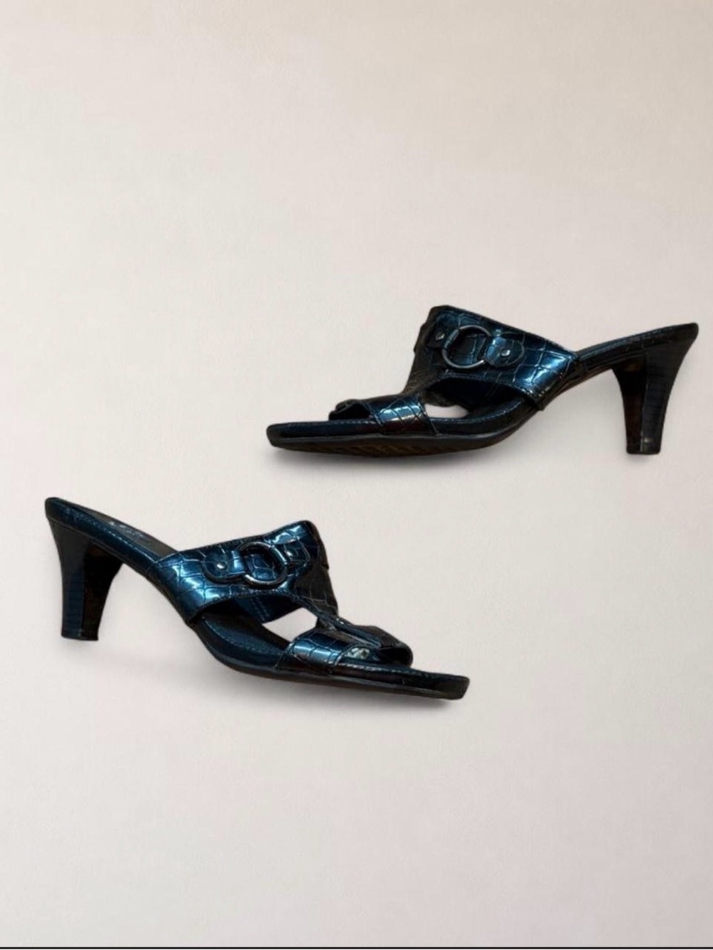 Merona Black Croc Embossed Ring Hardware Heeled Mules Size 6.5